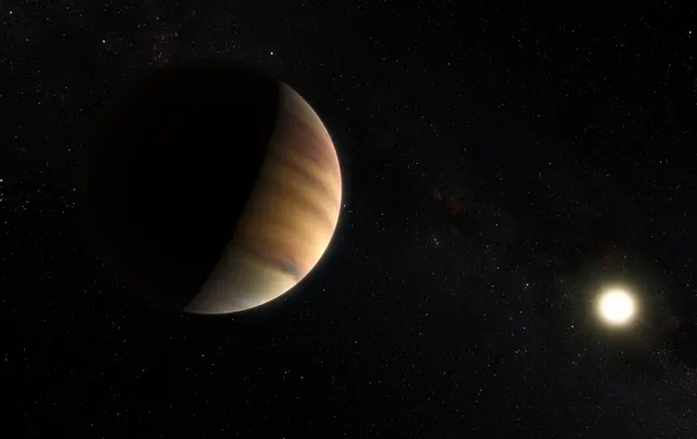 Ilustración del ESO de 51 Pegasi b, un gigante gaseoso iluminado por su estrella; no es una foto
