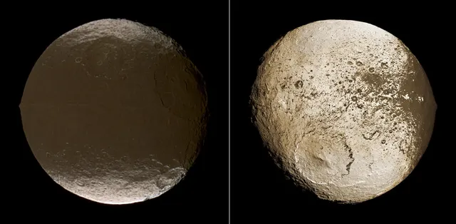 Las dos caras de Jápeto, una oscura y otra clara, en dos fotos de Cassini puestas una junto a otra