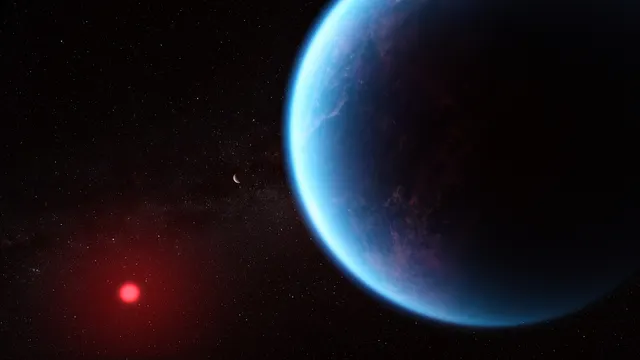 Illustration of K2-18 b, a bluish planet beside its red star, by NASA, CSA and ESA; it is not a photo