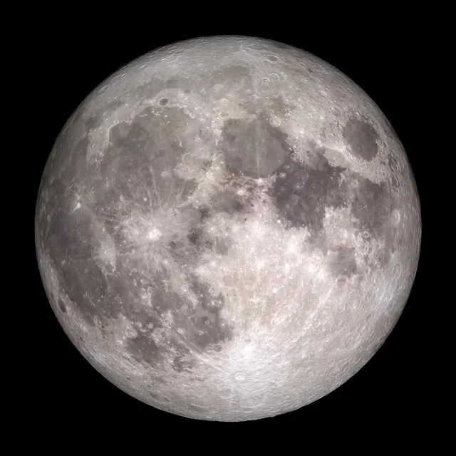 The full Moon, with its dark seas and craters, in a mosaic from the LRO spacecraft