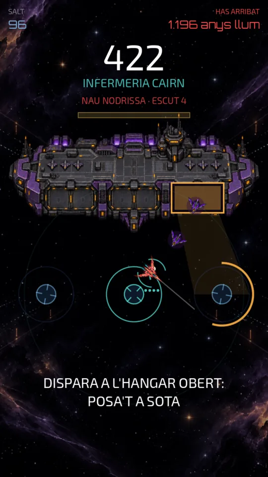 La nau nodrissa amb un hangar obert i dos drons que surten cap a la nau