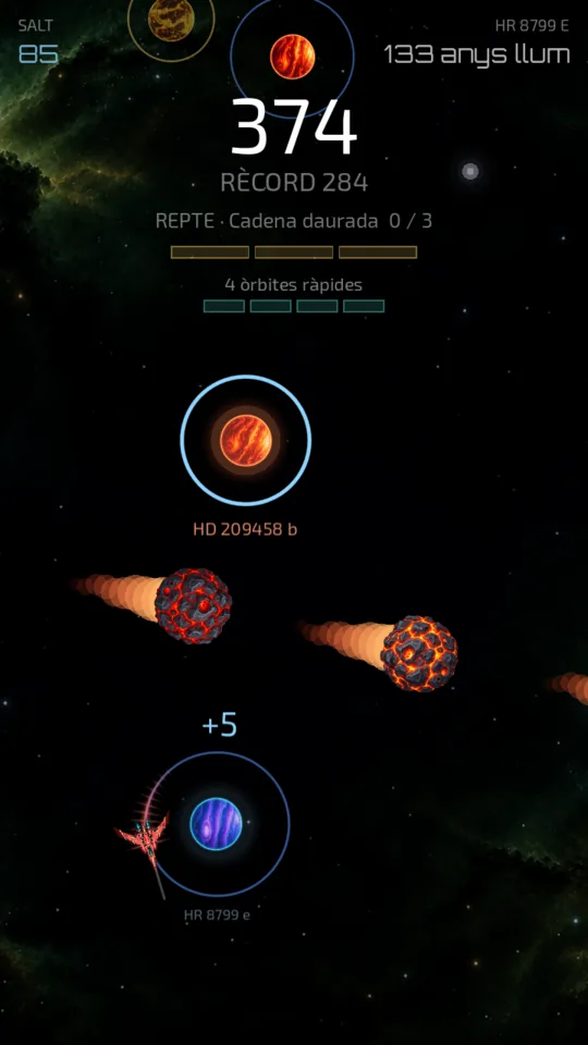 Dos meteorits en flames que creuen la ruta entre dos planetes