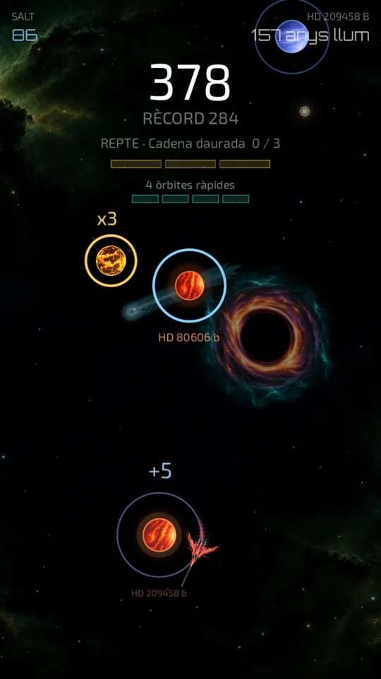 Un forat negre i un cometa al cel del fons, a prop d’un planeta daurat