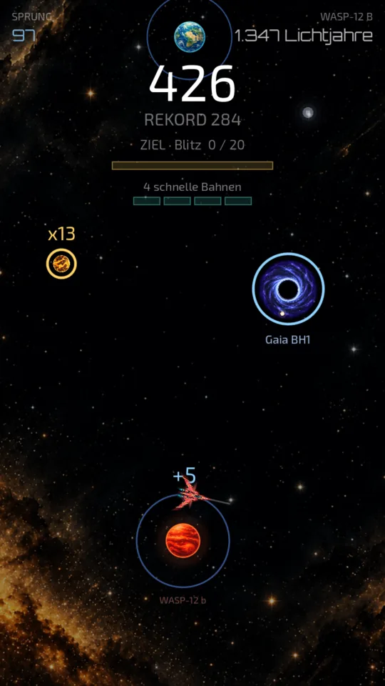 Das Schiff im Orbit um WASP-12 b, mit dem Schwarzen Loch Gaia BH1 als nächstem Sprung