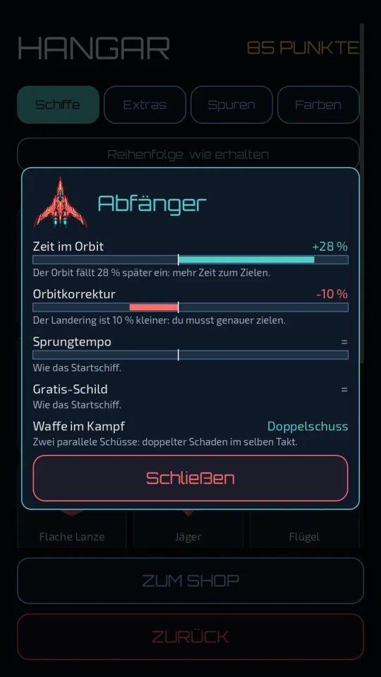 Die Karte des Abfängers im Hangar: mehr Zeit im Orbit, kleinerer Ring