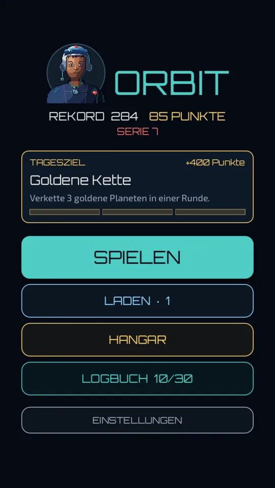 Das Hauptmenü mit dem Tagesziel, dem Rekord und der Serie