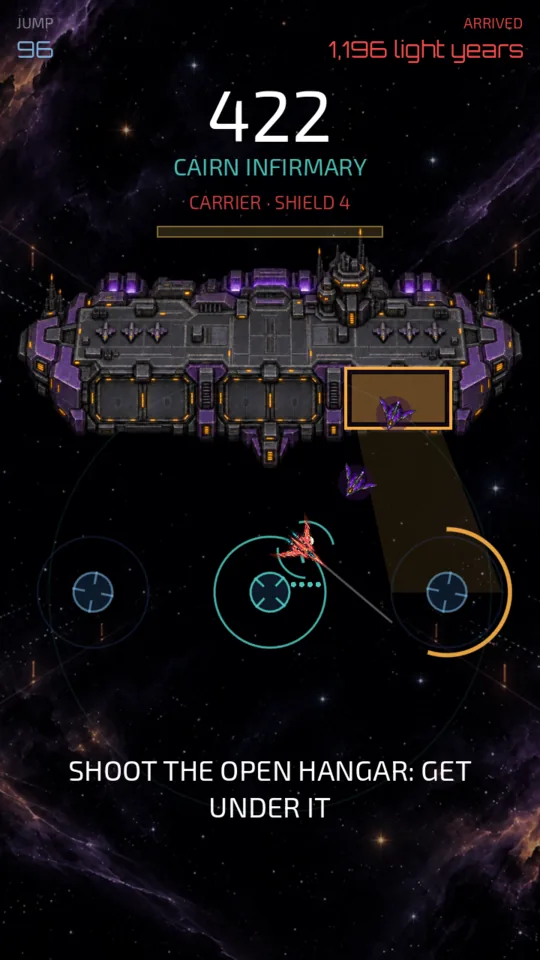The carrier with one hangar open and two drones heading for the ship