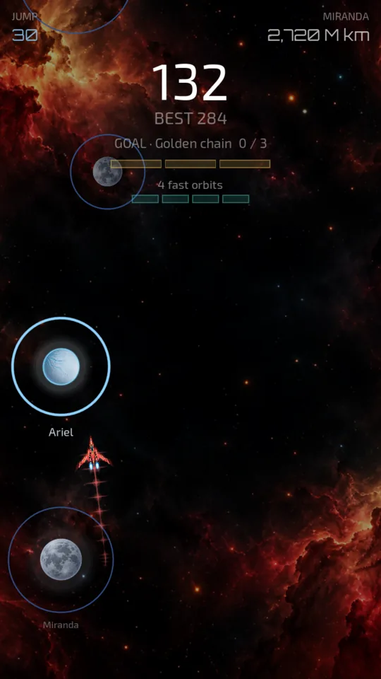 The red ship mid-jump between Miranda and Ariel, two moons of Uranus