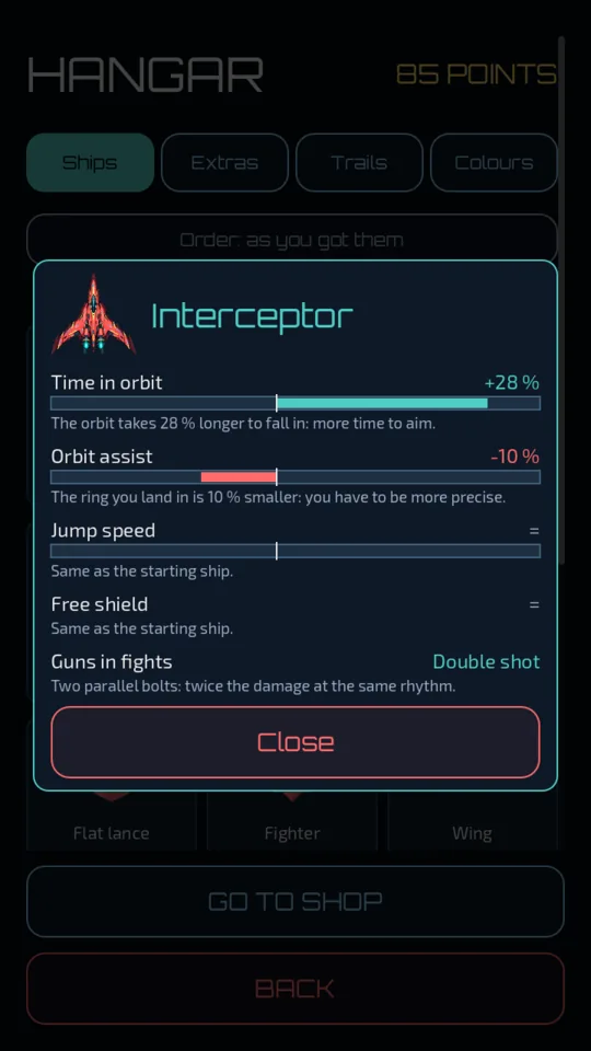 The Interceptor’s card in the hangar: more time in orbit, a smaller ring