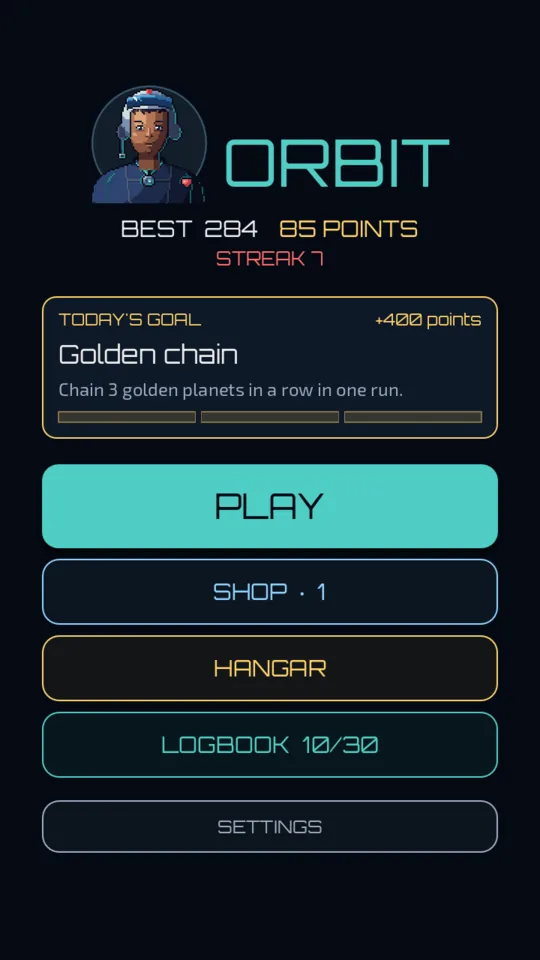 The main menu with today’s goal, the best score and the streak