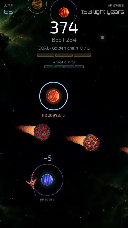Two burning meteors crossing the route between two planets