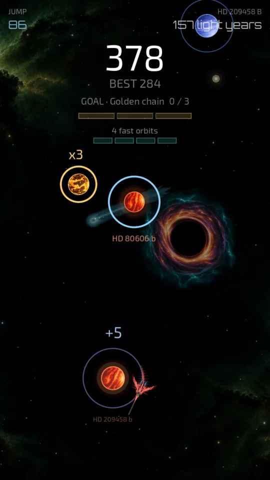 A black hole and a comet in the background sky, next to a golden planet