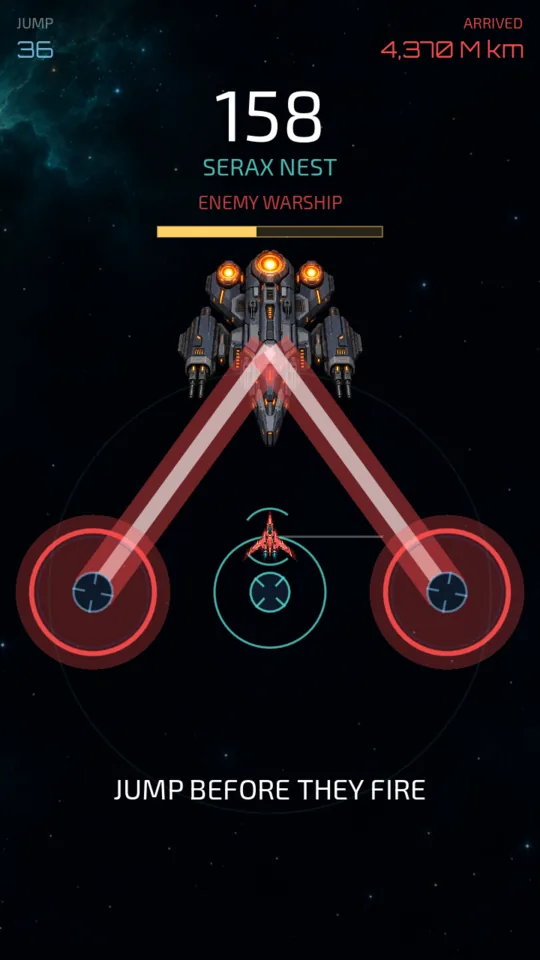 The warship firing its volley at two of the three spheres