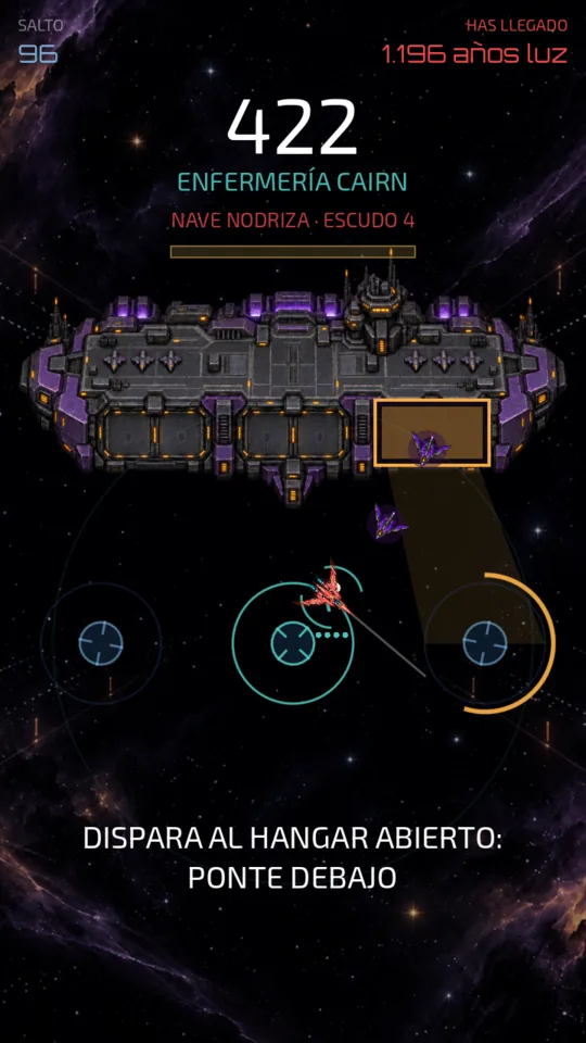 La nave nodriza con un hangar abierto y dos drones saliendo hacia la nave