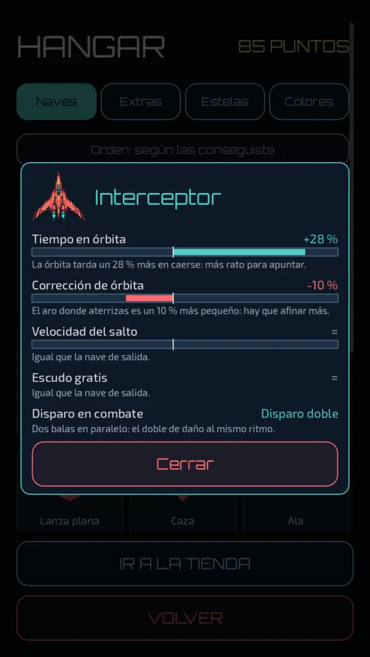 La ficha del Interceptor en el hangar: más tiempo en órbita, anillo más pequeño