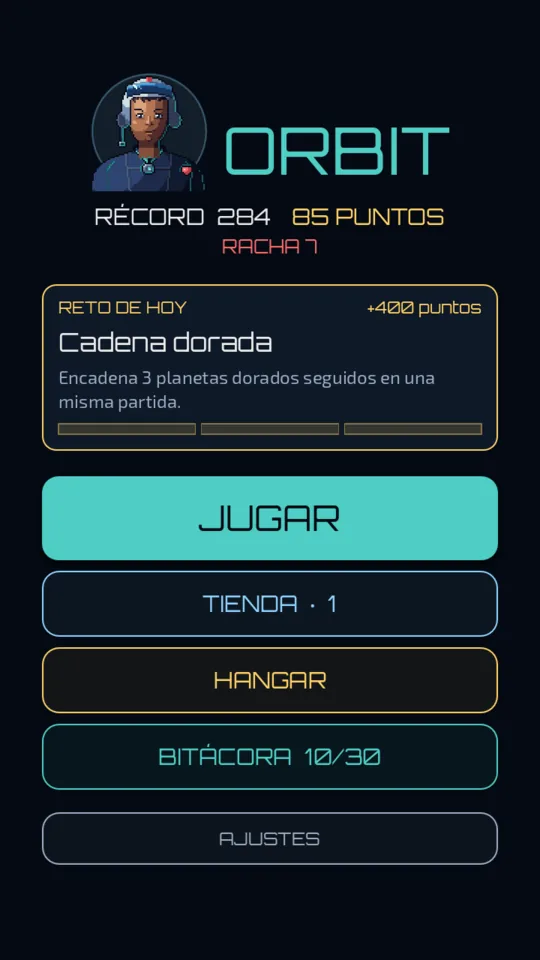 El menú principal con el reto de hoy, el récord y la racha