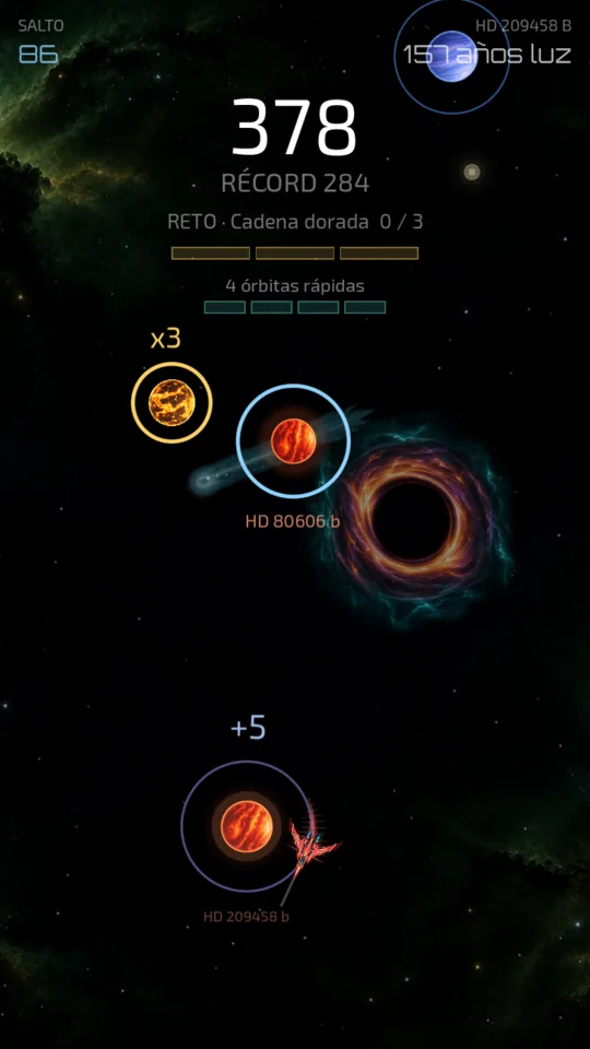Un agujero negro y un cometa en el cielo de fondo, cerca de un planeta dorado