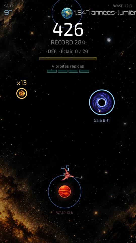 Le vaisseau en orbite autour de WASP-12 b, avec le trou noir Gaia BH1 comme prochain saut