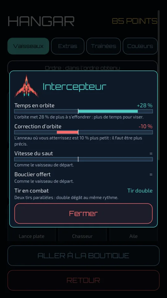 La fiche de l’Intercepteur dans le hangar : plus de temps en orbite, un anneau plus petit