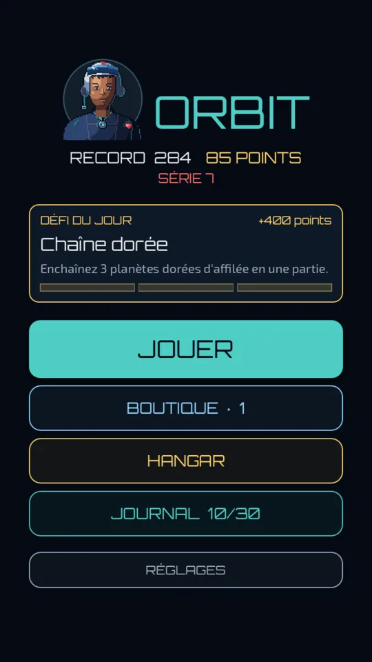 Le menu principal avec le défi du jour, le record et la série