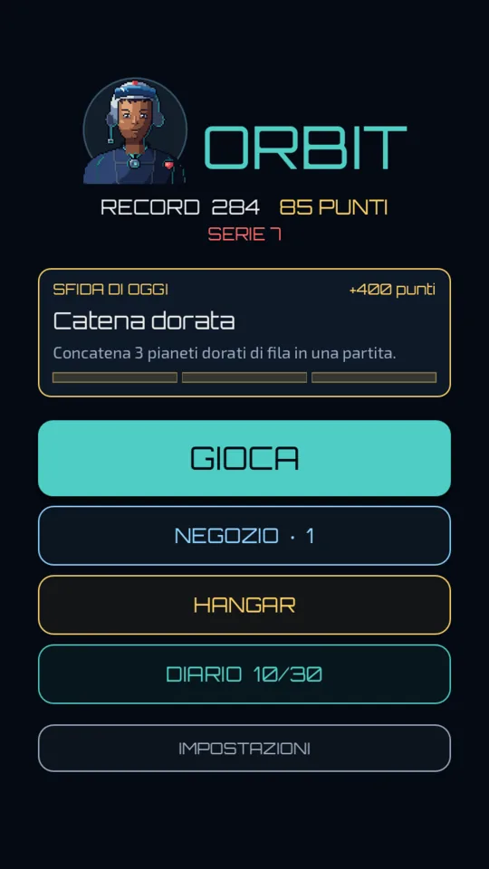Il menu principale con la sfida di oggi, il record e la serie