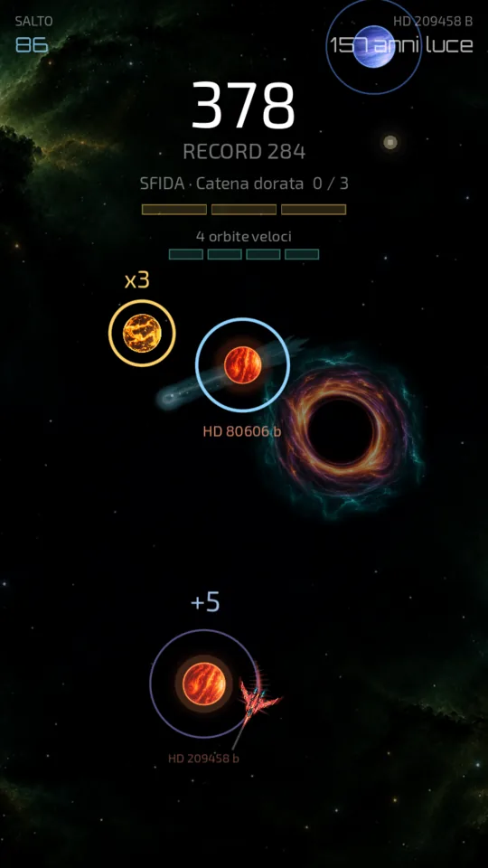 Un buco nero e una cometa nel cielo di sfondo, vicino a un pianeta dorato